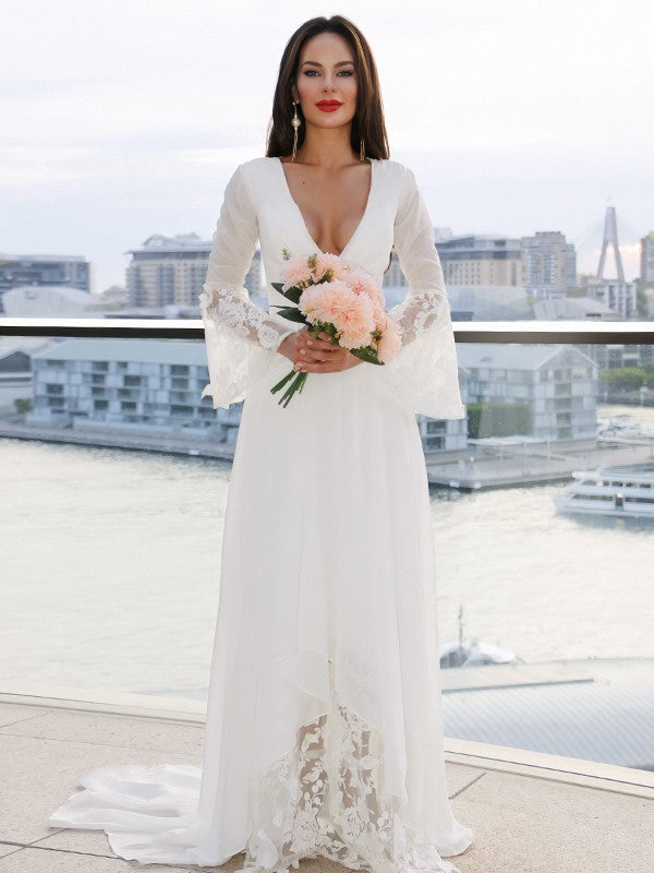 A-Line/Princess Lace V-neck Long Sleeves Sash/Ribbon/Belt Sweep/Brush Train Wedding Dresses