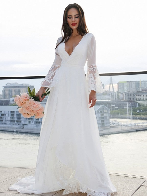 A-Line/Princess Lace V-neck Long Sleeves Sash/Ribbon/Belt Sweep/Brush Train Wedding Dresses