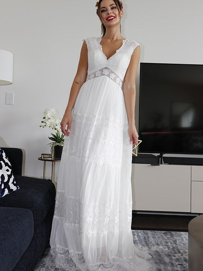 A-Line/Princess V-neck Short Sleeves Lace Ruched Floor-Length Wedding Dresses