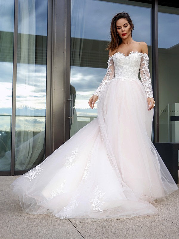 A-Line/Princess Long Sleeves Tulle Applique Off-the-Shoulder Court Train Wedding Dresses