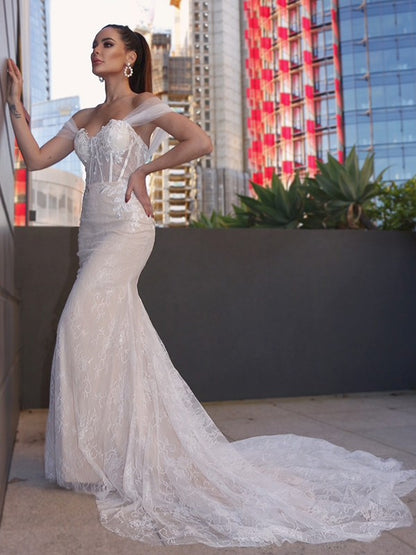 Sheath/Column Lace Sleeveless Off-the-Shoulder Applique Court Train Wedding Dresses