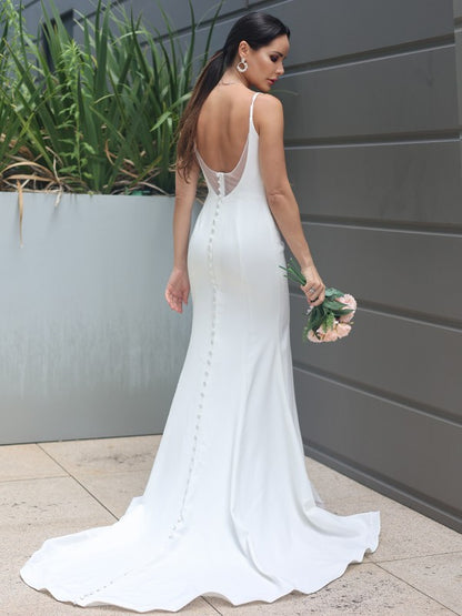 Sheath/Column Stretch Crepe Ruffles Straps Sleeveless Sweep/Brush Train Wedding Dresses