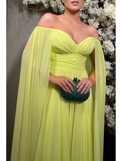 A-Line Evening Gown Elegant Dress Formal Wedding Party Sweep / Brush Train Sleeveless Off Shoulder Capes Chiffon with Pleats