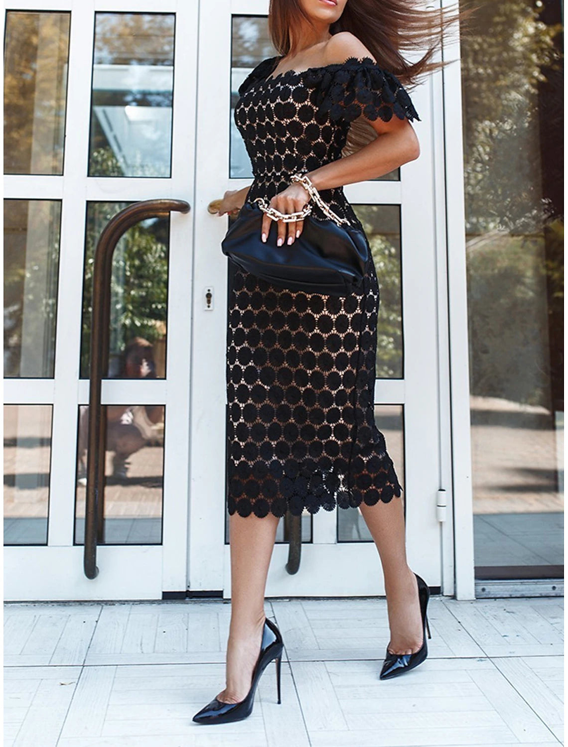 Women's Sequin Dress Party Dress Lace Dress Midi Dress Black White Pink Short Sleeve Plain Lace Summer Spring Fall Square Neck Elegant Office Wedding Guest