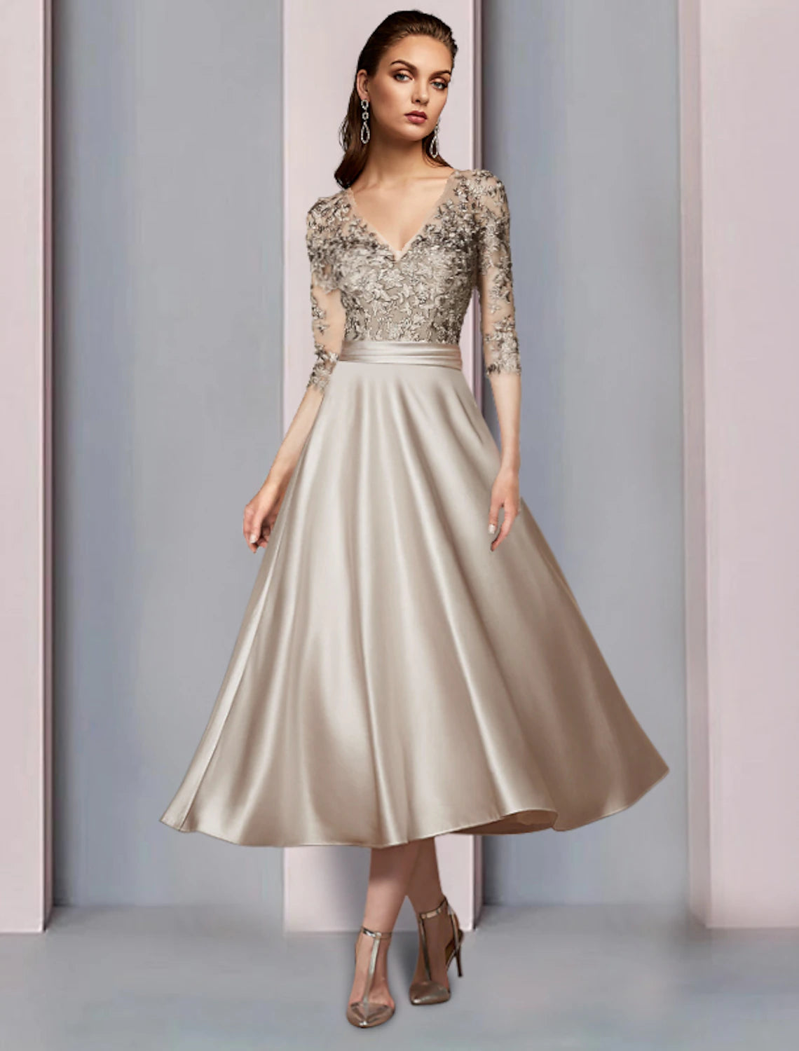 A-Line Mother of the Bride Dress Wedding Guest Elegant V Neck Tea Leng ...