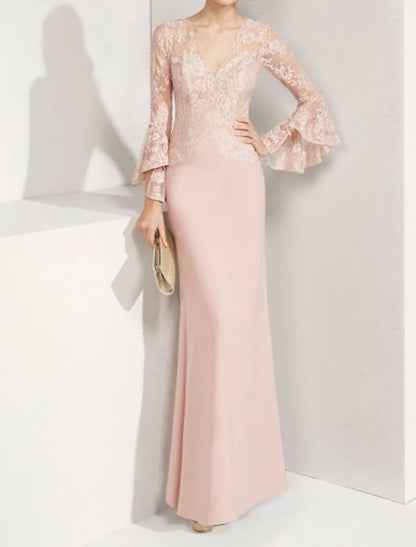 A-Line Mother of the Bride Dress Elegant Jewel Neck Floor Length Chiffon Lace Long Sleeve with Appliques