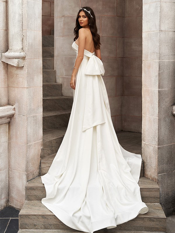 Sheath/Column Stretch Crepe Ruched Strapless Sleeveless Court Train Wedding Dresses