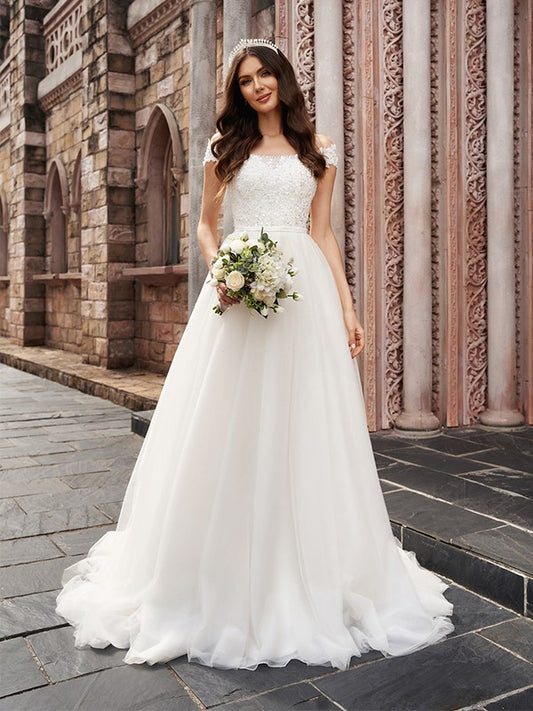 A-Line/Princess Applique Off-the-Shoulder Sleeveless Tulle Court Train Wedding Dresses