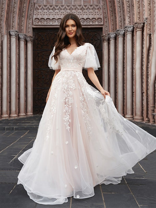 A-Line/Princess Tulle Applique V-neck 1/2 Sleeves Court Train Wedding Dresses