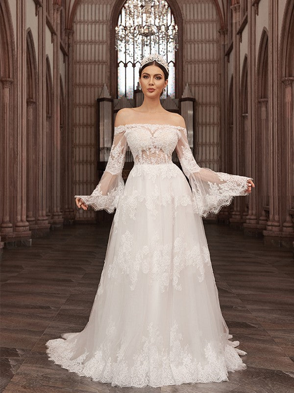 A-Line/Princess Off-the-Shoulder Tulle Long Sleeves Applique Sweep/Brush Train Wedding Dresses