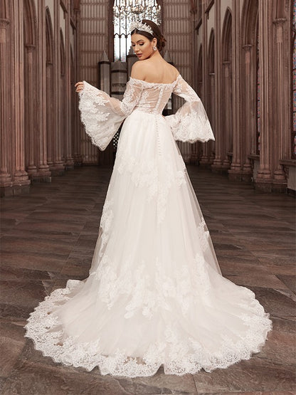 A-Line/Princess Off-the-Shoulder Tulle Long Sleeves Applique Sweep/Brush Train Wedding Dresses