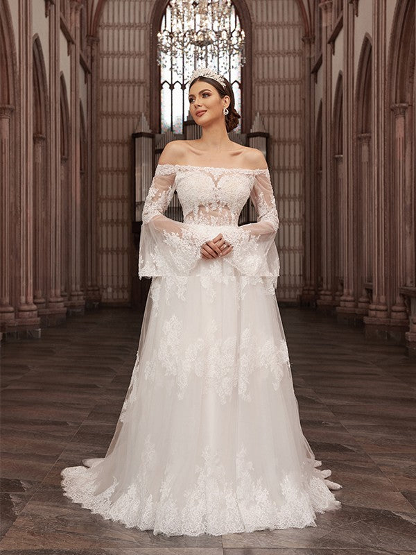 A-Line/Princess Off-the-Shoulder Tulle Long Sleeves Applique Sweep/Brush Train Wedding Dresses