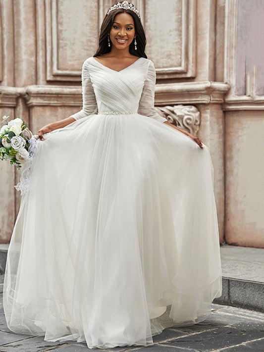 A-Line/Princess Ruched Sweetheart Tulle 3/4 Sleeves Sweep/Brush Train Wedding Dresses