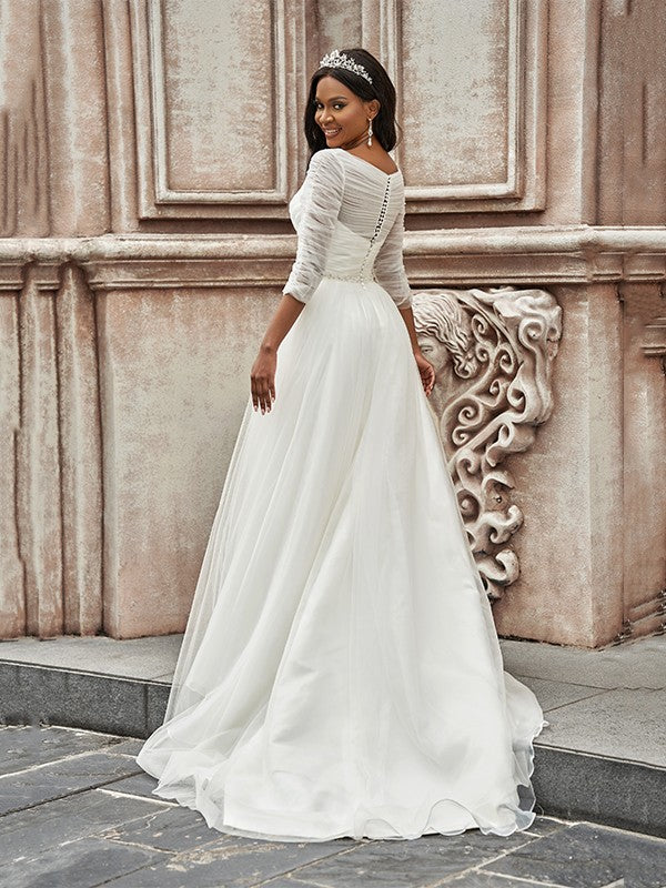 A-Line/Princess Ruched Sweetheart Tulle 3/4 Sleeves Sweep/Brush Train Wedding Dresses