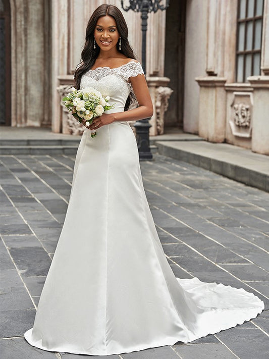 A-Line/Princess Scoop Satin Lace Sleeveless Chapel Train Wedding Dresses