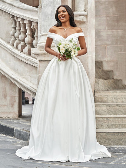 A-Line/Princess Off-the-Shoulder Ruched Sleeveless Satin Court Train Wedding Dresses