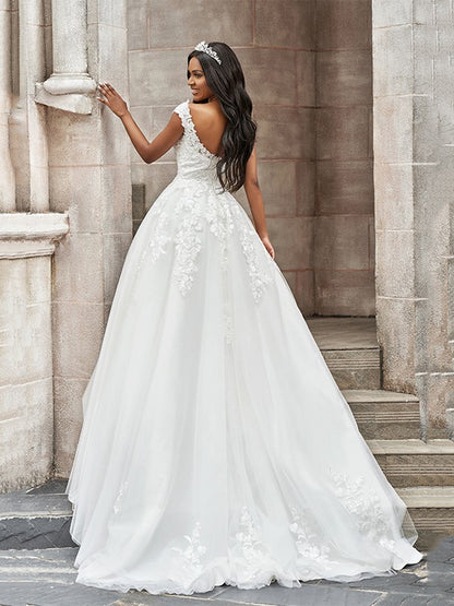 A-Line/Princess Tulle V-neck Applique Sleeveless Sweep/Brush Train Wedding Dresses