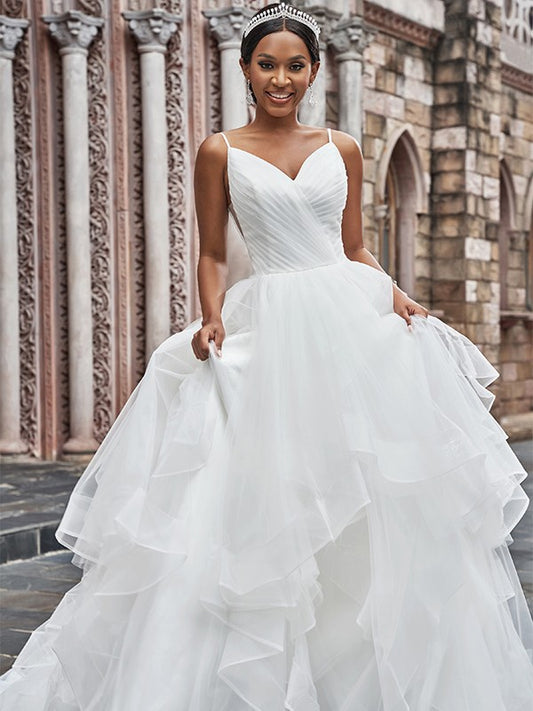 A-Line/Princess Tulle Ruffles Spaghetti Straps Sleeveless Sweep/Brush Train Wedding Dresses