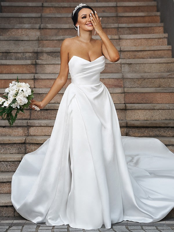 A-Line/Princess Satin Ruffles Sweetheart Sleeveless Chapel Train Wedding Dresses