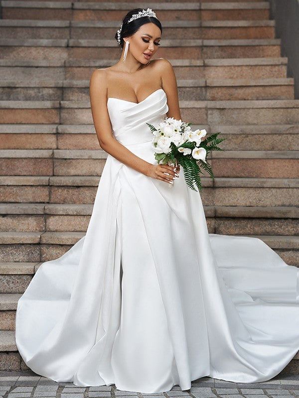 A-Line/Princess Satin Ruffles Sweetheart Sleeveless Chapel Train Wedding Dresses