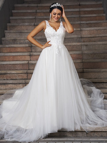 A-Line/Princess Tulle Applique V-neck Sleeveless Court Train Wedding Dresses