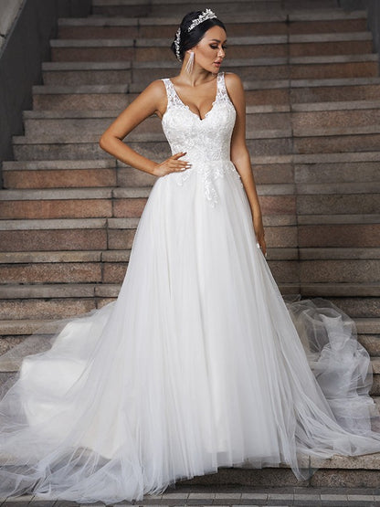 A-Line/Princess Tulle Applique V-neck Sleeveless Court Train Wedding Dresses