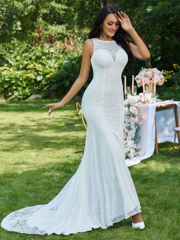 Trumpet/Mermaid Lace Ruffles Scoop Sleeveless Sweep/Brush Train Wedding Dresses