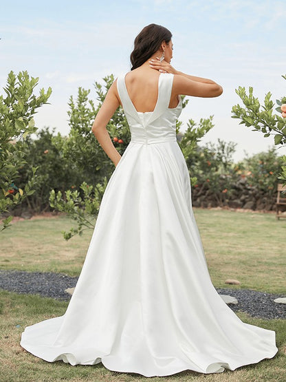 A-Line/Princess Satin Ruched Off-the-Shoulder Sleeveless Sweep/Brush Train Wedding Dresses