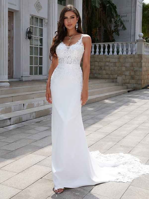 Sheath/Column Stretch Crepe Lace V-neck Sleeveless Sweep/Brush Train Wedding Dresses