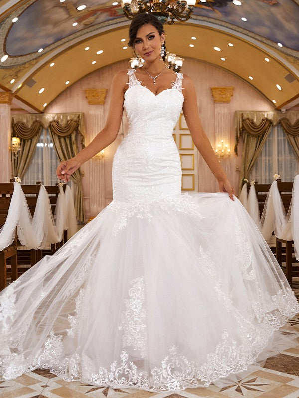 Trumpet/Mermaid Lace Applique V-neck Sleeveless Sweep/Brush Train Wedding Dresses