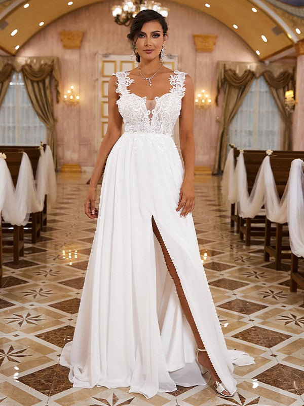 A-Line/Princess Chiffon Applique Straps Sleeveless Sweep/Brush Train Wedding Dresses