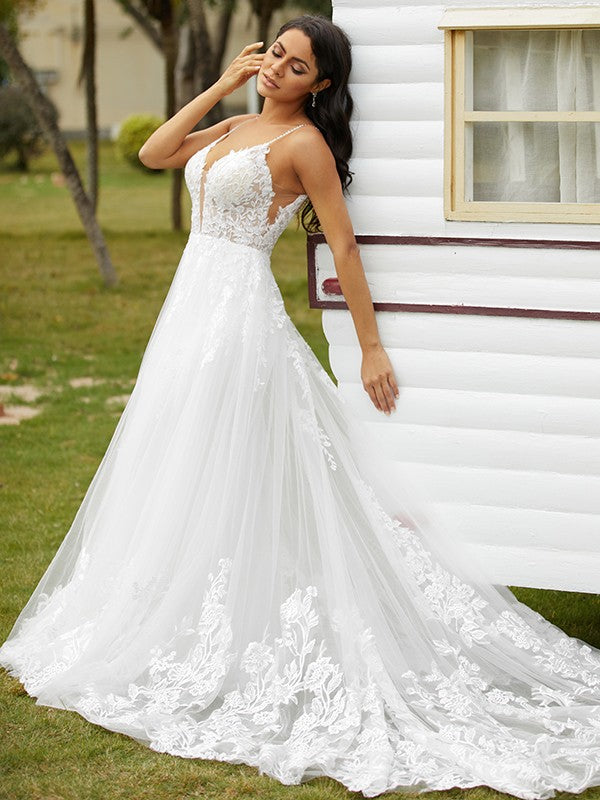 A-Line/Princess Tulle Applique V-neck Sleeveless Court Train Wedding Dresses