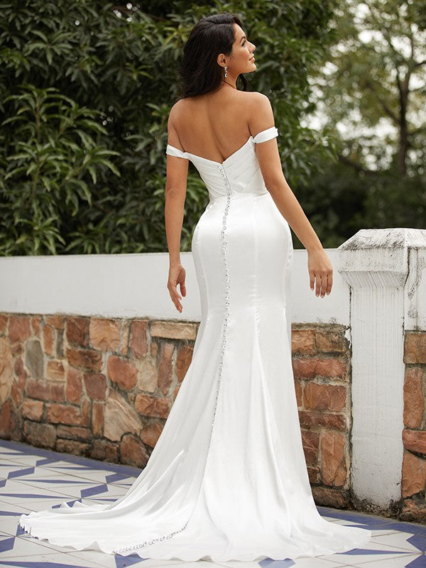 Sheath/Column Elastic Woven Satin Ruched Off-the-Shoulder Sleeveless Sweep/Brush Train Wedding Dresses