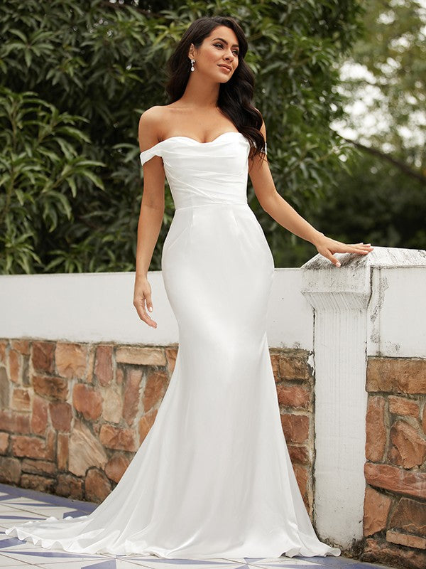 Sheath/Column Elastic Woven Satin Ruched Off-the-Shoulder Sleeveless Sweep/Brush Train Wedding Dresses