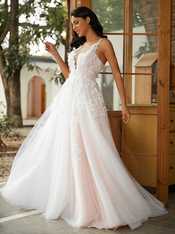 A-Line/Princess Tulle Applique Scoop Sleeveless Sweep/Brush Train Wedding Dresses