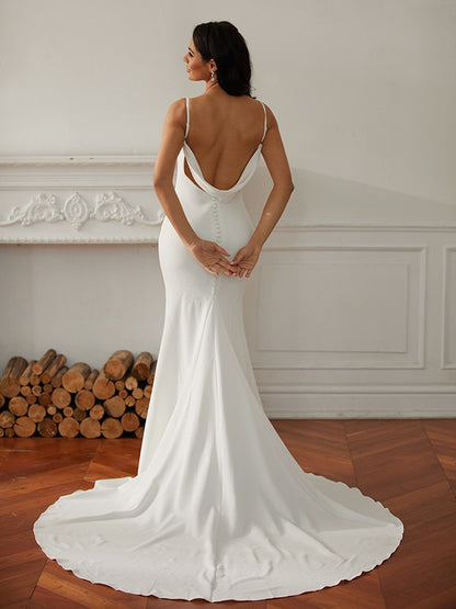 Sheath/Column Stretch Crepe V-neck Sleeveless Court Train Wedding Dresses