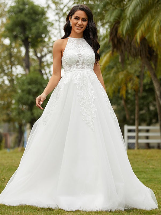 A-Line/Princess Tulle Lace Scoop Sleeveless Sweep/Brush Train Wedding Dresses