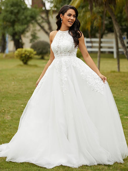 A-Line/Princess Tulle Lace Scoop Sleeveless Sweep/Brush Train Wedding Dresses