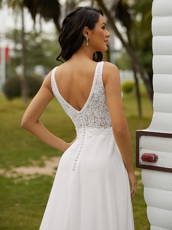 A-Line/Princess Chiffon Lace V-neck Sleeveless Sweep/Brush Train Wedding Dresses