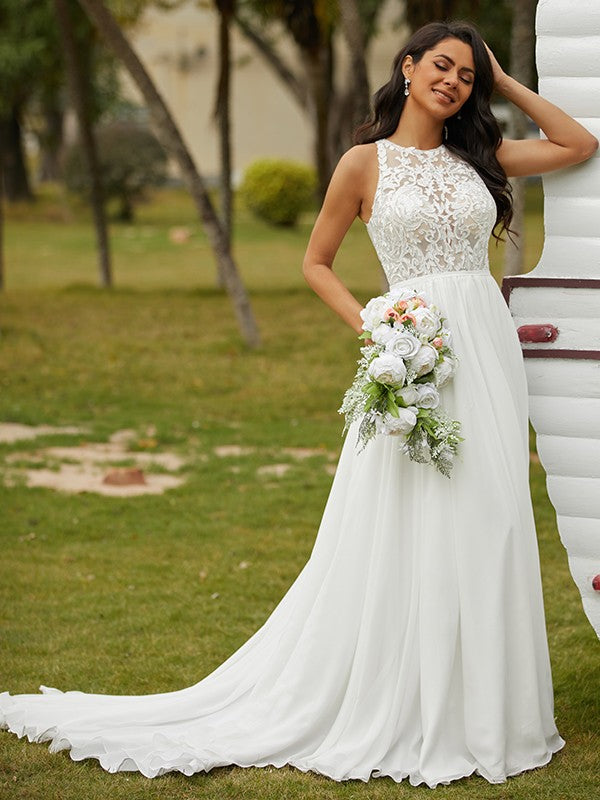 A-Line/Princess Chiffon Lace Scoop Sleeveless Sweep/Brush Train Wedding Dresses