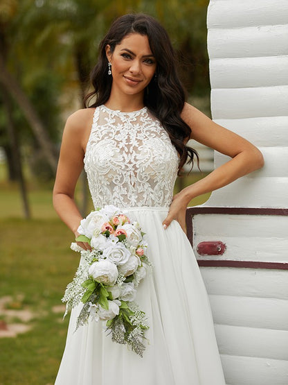 A-Line/Princess Chiffon Lace Scoop Sleeveless Sweep/Brush Train Wedding Dresses