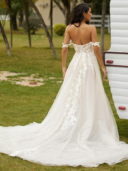 A-Line/Princess Tulle Applique Off-the-Shoulder Sleeveless Chapel Train Wedding Dresses