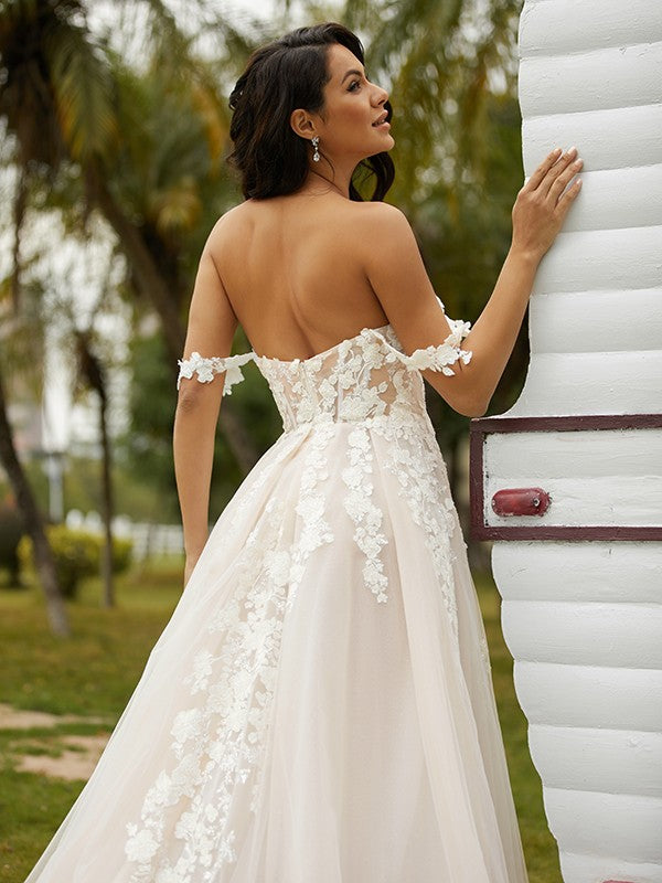 A-Line/Princess Tulle Applique Off-the-Shoulder Sleeveless Chapel Train Wedding Dresses