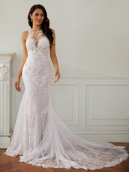 Sheath/Column Lace Scoop Sleeveless Court Train Wedding Dresses