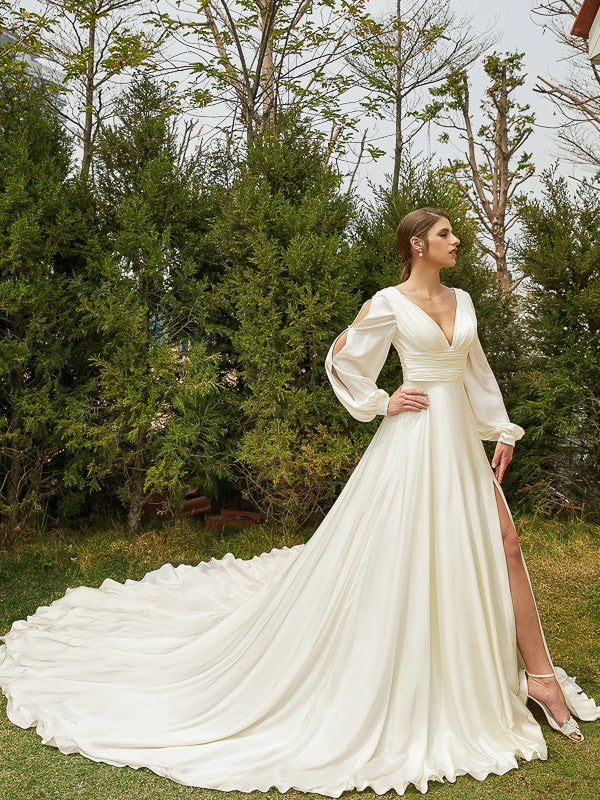 A-Line/Princess Satin Chiffon Ruched V-neck Long Sleeves Cathedral Train Wedding Dresses