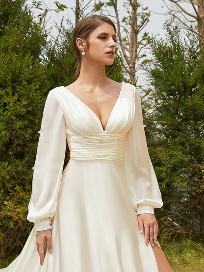 A-Line/Princess Satin Chiffon Ruched V-neck Long Sleeves Cathedral Train Wedding Dresses