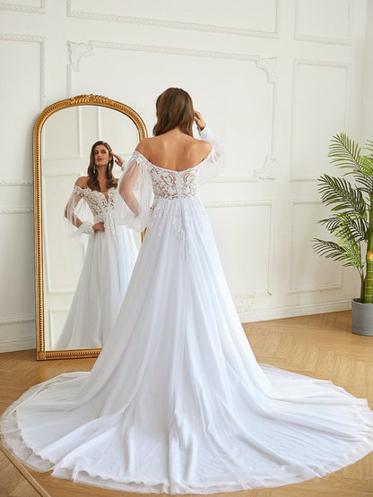 A-Line/Princess Tulle Applique Off-the-Shoulder Long Sleeves Chapel Train Wedding Dresses