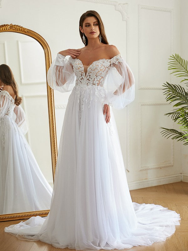 A-Line/Princess Tulle Applique Off-the-Shoulder Long Sleeves Chapel Train Wedding Dresses