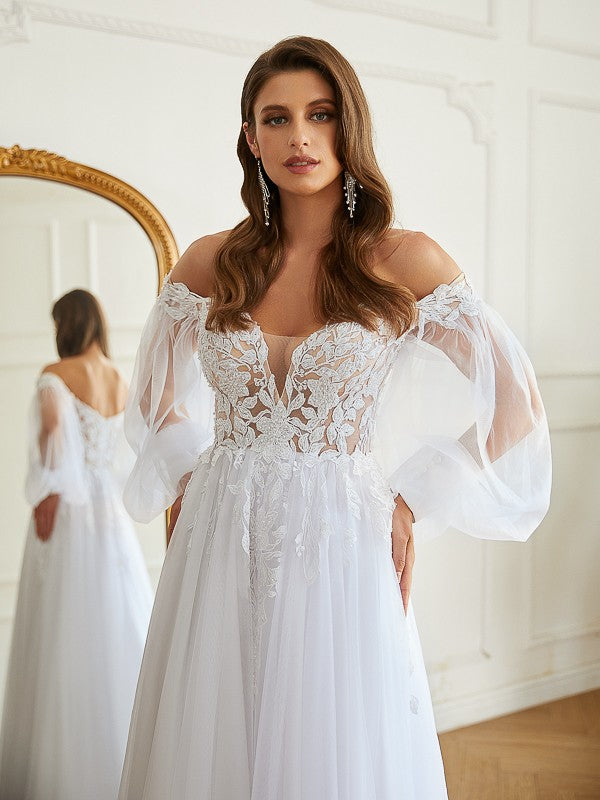 A-Line/Princess Tulle Applique Off-the-Shoulder Long Sleeves Chapel Train Wedding Dresses