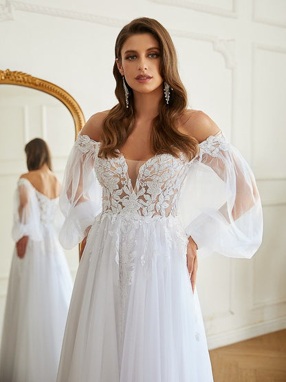 A-Line/Princess Tulle Applique Off-the-Shoulder Long Sleeves Chapel Train Wedding Dresses